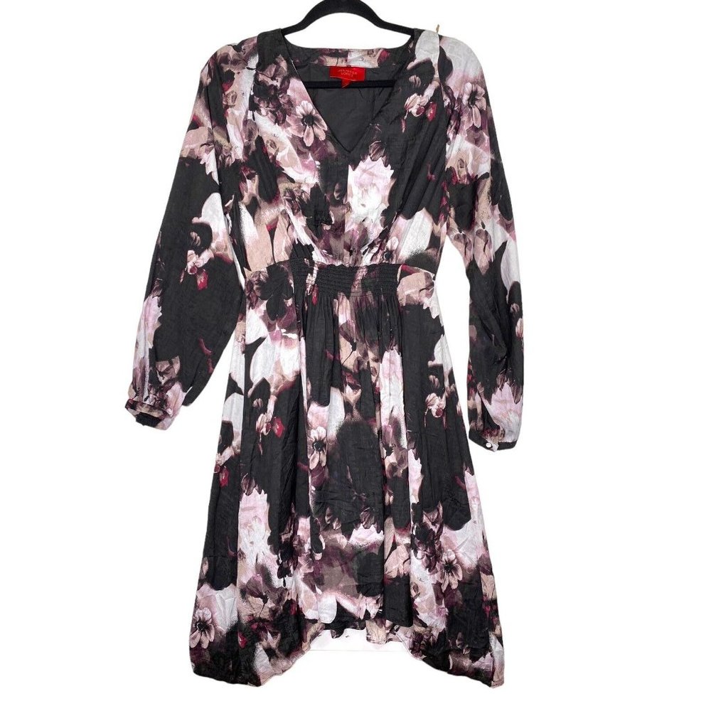 Jennifer Lopez Smocked Waist Floral Mock-Wrap Dress‎ 3/4 Sleeve Black Multi  Med